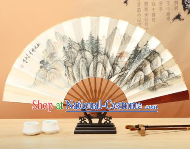 Chinese Traditional Ink Painting Pinewood Temple Paper Folding Fans Handmade Accordion Classical Dance Folding Fan