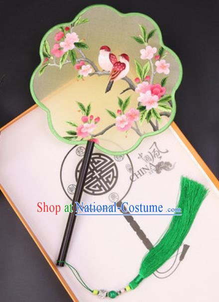 Chinese Traditional Embroidered Peach Blossom Silk Fans Handmade Classical Dance Ebony Palace Fan for Women