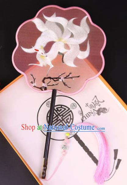 Chinese Traditional Embroidered White Fox Silk Fans Handmade Classical Dance Ebony Palace Fan for Women