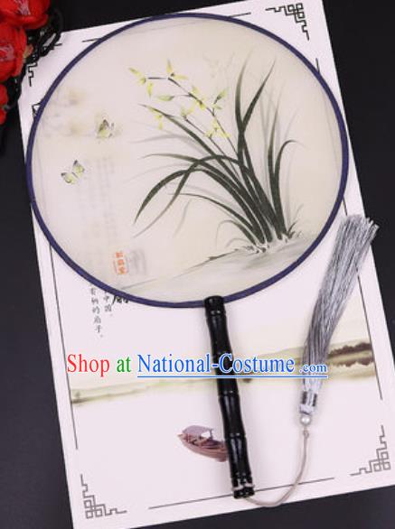 Chinese Traditional Printing Orchid Round Fans Handmade Classical Dance Ebony Palace Fan for Women