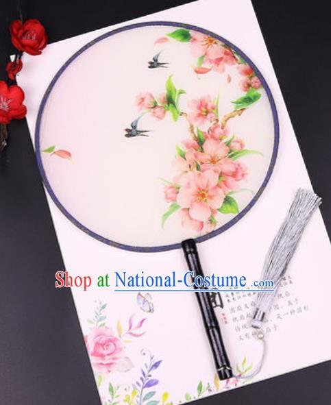 Chinese Traditional Printing Peach Blossom Round Fans Handmade Classical Dance Ebony Palace Fan for Women