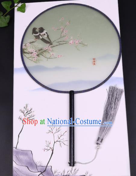 Chinese Traditional Printing Plum Birds Round Fans Handmade Classical Dance Ebony Palace Fan for Women