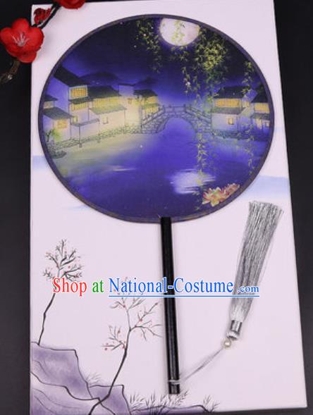 Chinese Traditional Printing Waterside Round Fans Handmade Classical Dance Ebony Palace Fan for Women