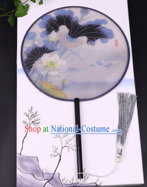 Chinese Traditional Printing Lotus Round Fans Handmade Classical Dance Ebony Palace Fan for Women