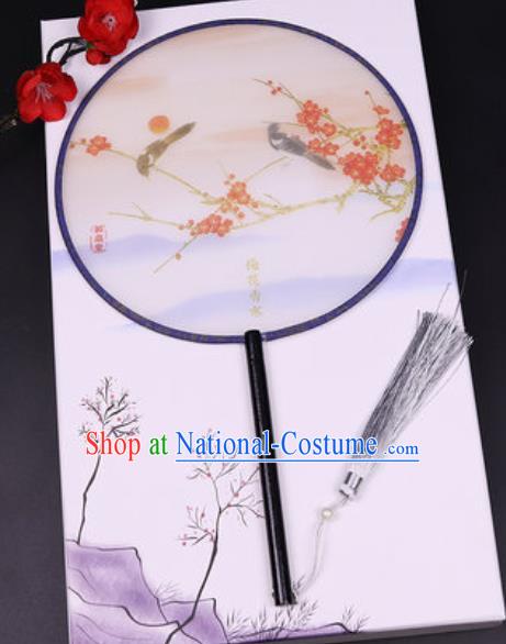 Chinese Traditional Printing Red Plum Round Fans Handmade Classical Dance Ebony Palace Fan for Women