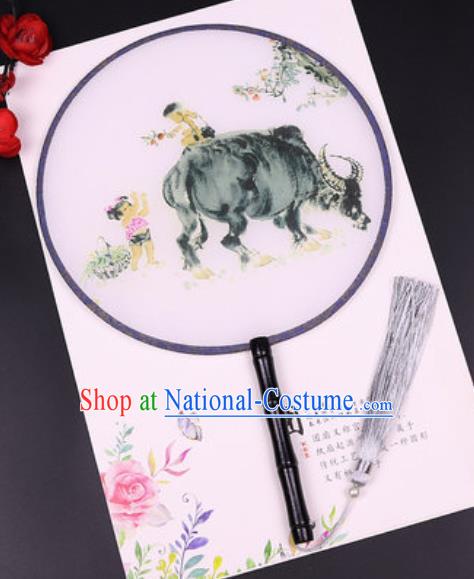 Chinese Traditional Printing Cattle Round Fans Handmade Classical Dance Ebony Palace Fan for Women