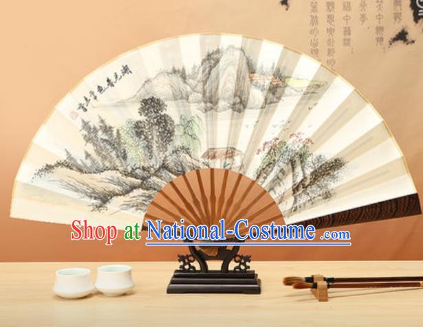 Chinese Traditional Ink Painting Lake View Wenge Fans Handmade Accordion Classical Dance Paper Folding Fan