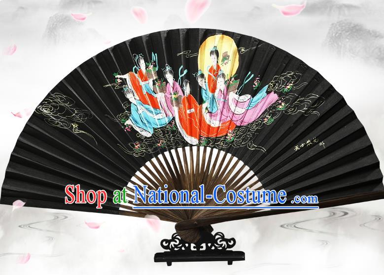 Chinese Traditional Painting Goddess Black Bamboo Fans Handmade Accordion Classical Dance Paper Fan Folding Fan