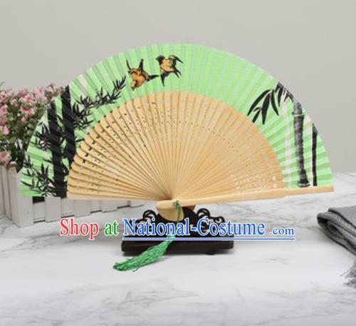 Chinese Traditional Printing Bamboo Green Silk Fan Classical Dance Accordion Fans Folding Fan