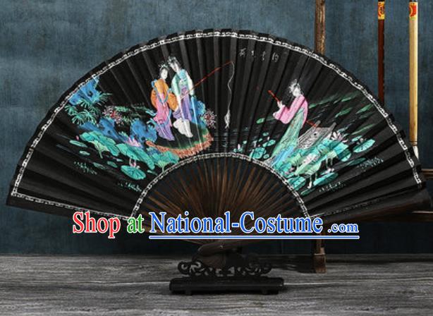 Chinese Traditional Painting Lotus Pond Black Bamboo Fans Handmade Accordion Classical Dance Paper Fan Folding Fan