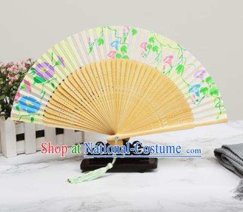 Chinese Traditional Printing Petunia Beige Silk Fan Classical Dance Accordion Fans Folding Fan