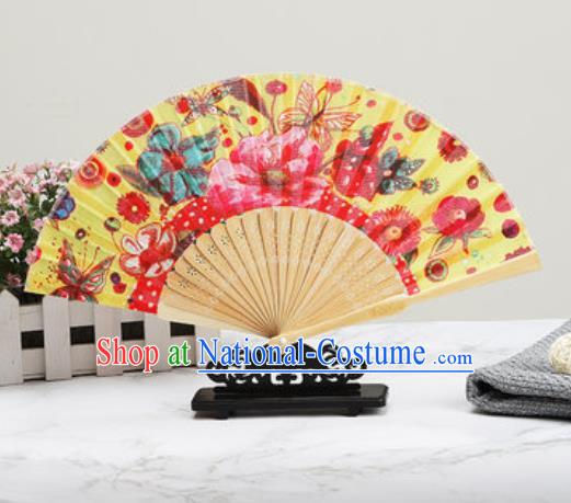 Chinese Traditional Printing Butterfly Flowers Yellow Silk Fan Classical Dance Accordion Fans Folding Fan