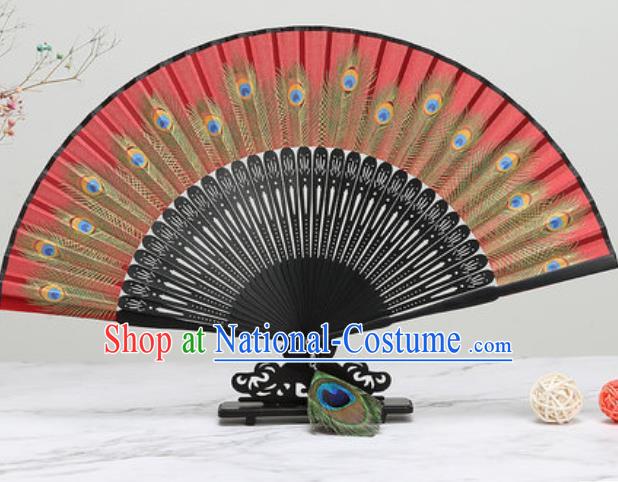 Chinese Traditional Printing Peacock Feather Red Silk Fan Classical Dance Accordion Fans Folding Fan