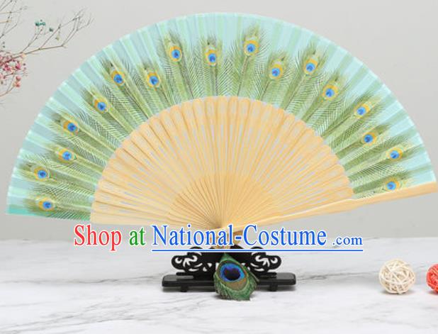 Chinese Traditional Printing Peacock Feather Light Green Silk Fan Classical Dance Accordion Fans Folding Fan