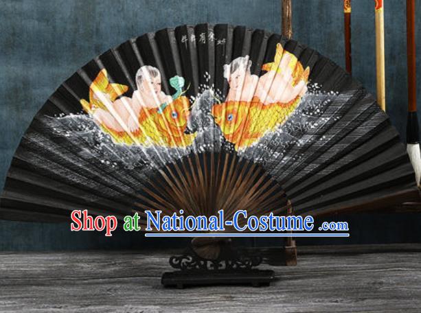 Chinese Traditional Painting Fish Black Bamboo Fans Handmade Accordion Classical Dance Paper Fan Folding Fan