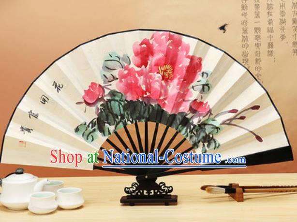 Chinese Traditional Hand Painting Peony Ebony Paper Fan Classical Dance Accordion Fans Folding Fan