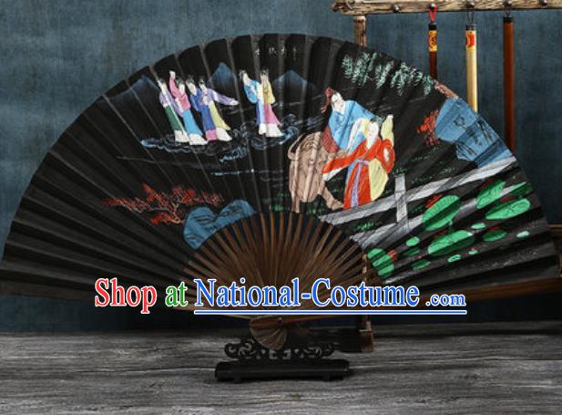 Chinese Traditional Painting Cowherd and Weaving Maid Black Bamboo Fans Handmade Accordion Classical Dance Paper Fan Folding Fan