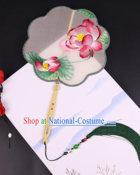 Handmade Chinese Embroidered Lotus Silk Fans Traditional Classical Dance Palace Fan for Women