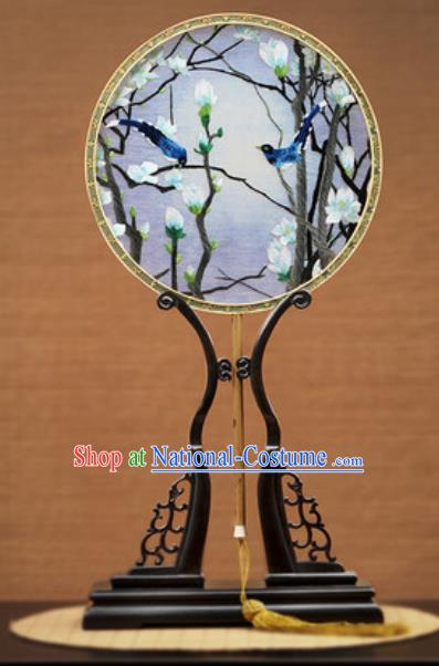 Handmade Chinese Embroidered Mangnolia Birds Silk Round Fans Traditional Classical Dance Palace Fan for Women