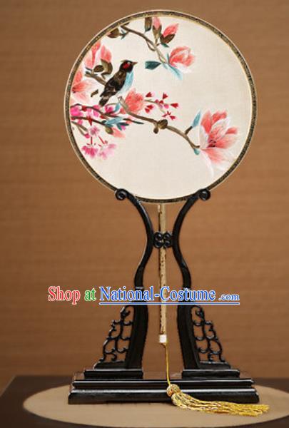 Handmade Chinese Embroidered Mangnolia Silk Round Fans Traditional Classical Dance Palace Fan for Women