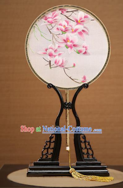 Handmade Chinese Embroidered Pink Mangnolia Silk Round Fans Traditional Classical Dance Palace Fan for Women