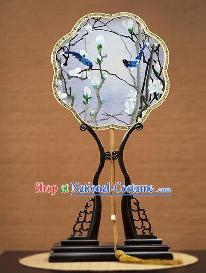 Handmade Chinese Embroidered Mangnolia Blue Silk Fans Traditional Classical Dance Palace Fan for Women