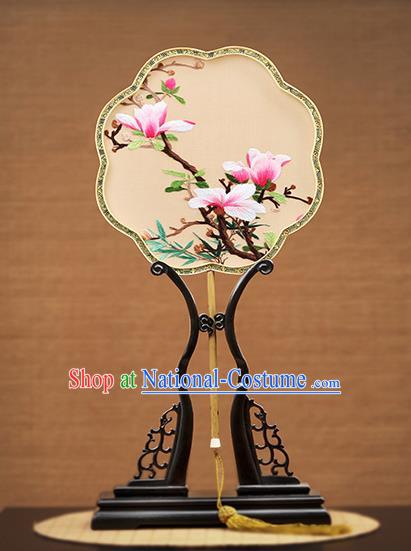 Handmade Chinese Embroidered Pink Mangnolia Apricot Silk Fans Traditional Classical Dance Palace Fan for Women