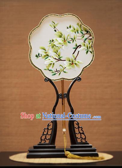 Handmade Chinese Embroidered Green Mangnolia Silk Fans Traditional Classical Dance Palace Fan for Women