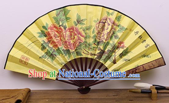 Handmade Chinese Painting Peony Yellow Fan Traditional Classical Dance Accordion Fans Folding Fan