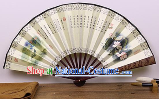 Handmade Chinese Painting Lotus Beige Fan Traditional Classical Dance Accordion Fans Folding Fan