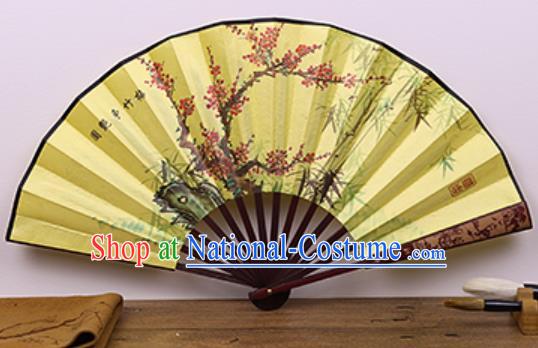 Handmade Chinese Painting Plum Bamboo Yellow Fan Traditional Classical Dance Accordion Fans Folding Fan