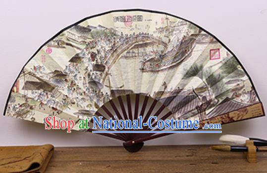 Handmade Chinese Ink Painting Riverside Scene at Qingming Festival Fan Traditional Classical Dance Accordion Fans Folding Fan