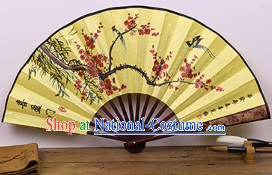 Handmade Chinese Ink Painting Plum Bamboo Yellow Fan Traditional Classical Dance Accordion Fans Folding Fan