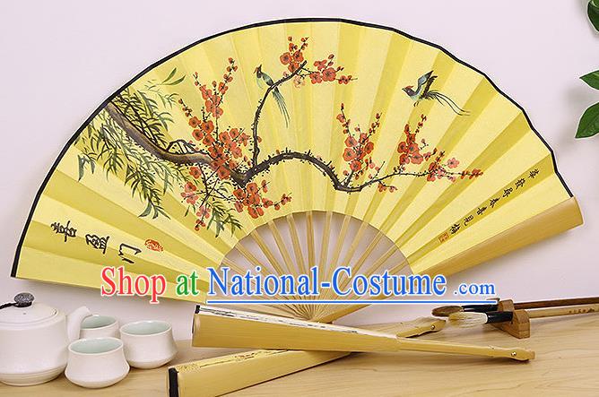 Handmade Chinese Ink Painting Plum Bamboo Birds Yellow Fan Traditional Classical Dance Accordion Fans Folding Fan