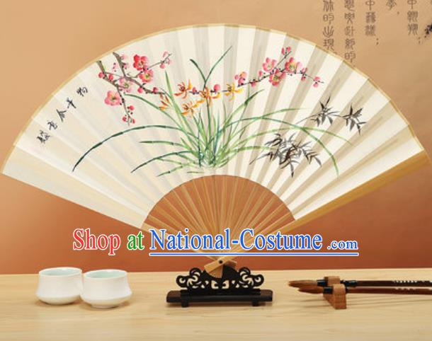 Chinese Hand Painting Orchids Bamboo Plum Paper Fan Traditional Classical Dance Accordion Fans Folding Fan