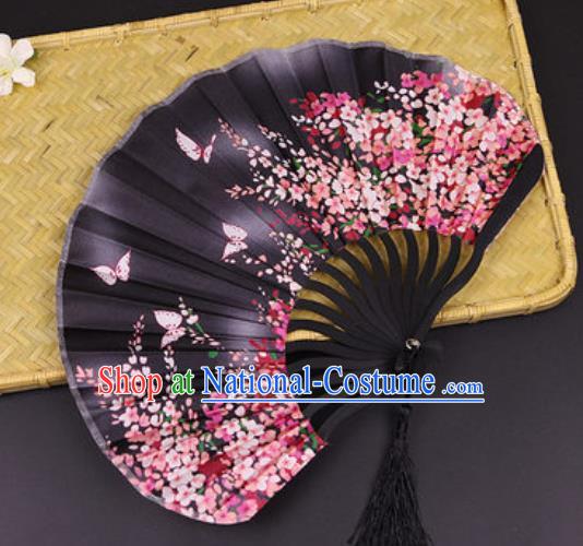 Handmade Chinese Printing Primrose Butterfly Black Satin Fan Traditional Classical Dance Accordion Fans Folding Fan