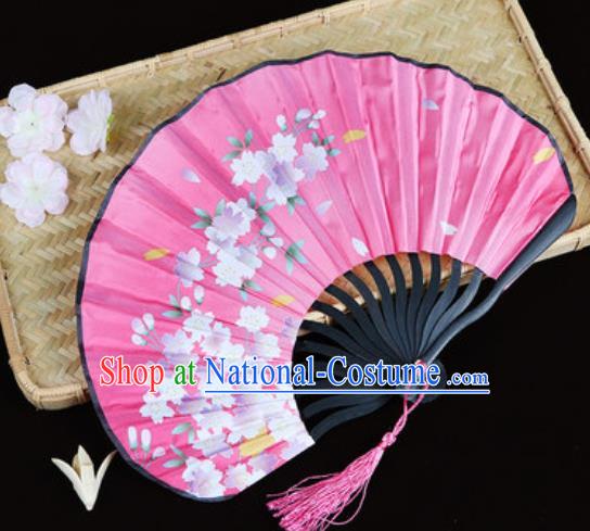 Handmade Chinese Printing Sakura Pink Satin Fan Traditional Classical Dance Accordion Fans Folding Fan