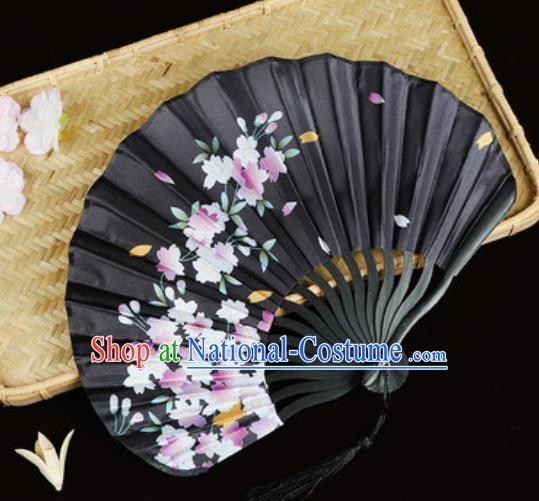 Handmade Chinese Printing Sakura Black Satin Fan Traditional Classical Dance Accordion Fans Folding Fan