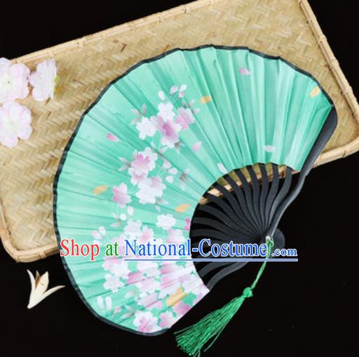 Handmade Chinese Printing Sakura Green Satin Fan Traditional Classical Dance Accordion Fans Folding Fan