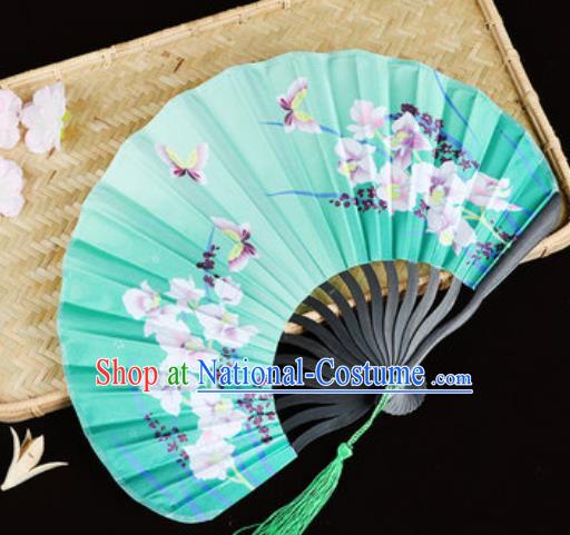 Handmade Chinese Printing Orchids Butterfly Green Satin Fan Traditional Classical Dance Accordion Fans Folding Fan