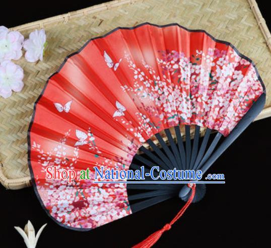 Handmade Chinese Printing Primrose Red Satin Fan Traditional Classical Dance Accordion Fans Folding Fan