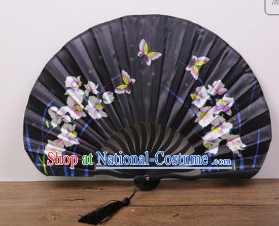 Handmade Chinese Printing Orchids Butterfly Black Satin Fan Traditional Classical Dance Accordion Fans Folding Fan