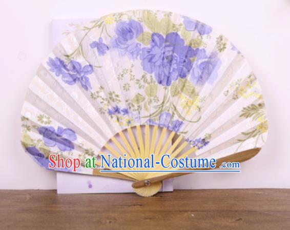 Handmade Chinese Printing Blue Flowers Satin Fan Traditional Classical Dance Accordion Fans Folding Fan