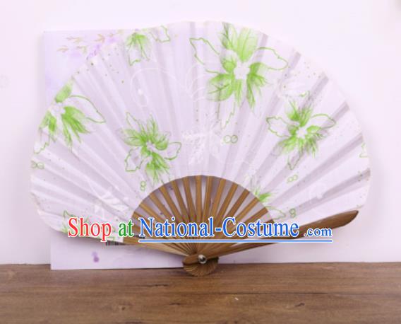 Handmade Chinese Printing Green Flowers Satin Fan Traditional Classical Dance Accordion Fans Folding Fan