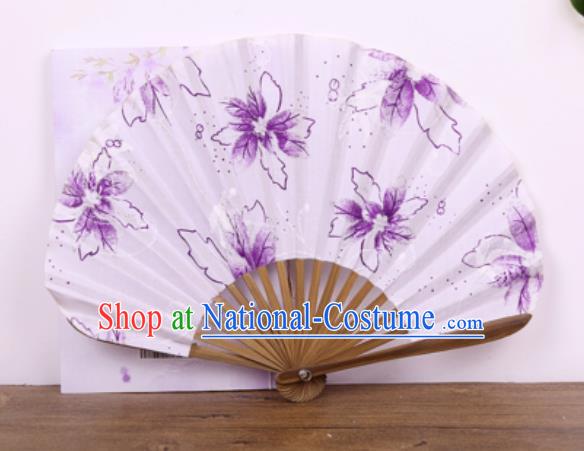 Handmade Chinese Printing Purple Flowers Satin Fan Traditional Classical Dance Accordion Fans Folding Fan