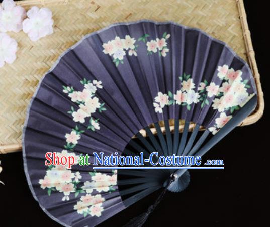 Handmade Chinese Printing Sakura Navy Satin Fan Traditional Classical Dance Accordion Fans Folding Fan