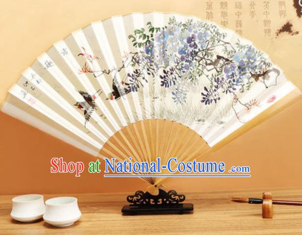 Chinese Hand Painting Wisteria Birds Paper Fan Traditional Classical Dance Accordion Fans Folding Fan