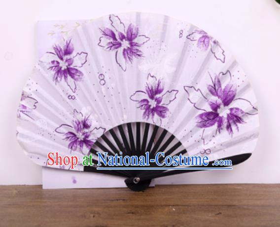 Handmade Chinese Printing Flowers Black Bamboo Satin Fan Traditional Classical Dance Accordion Fans Folding Fan