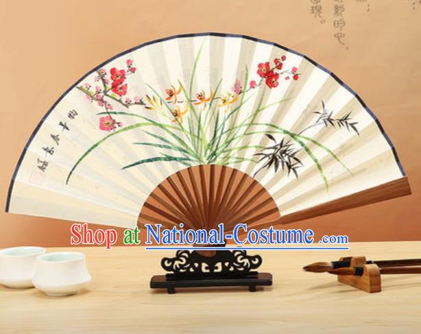 Chinese Hand Painting Orchid Plum Paper Fan Traditional Classical Dance Accordion Fans Folding Fan