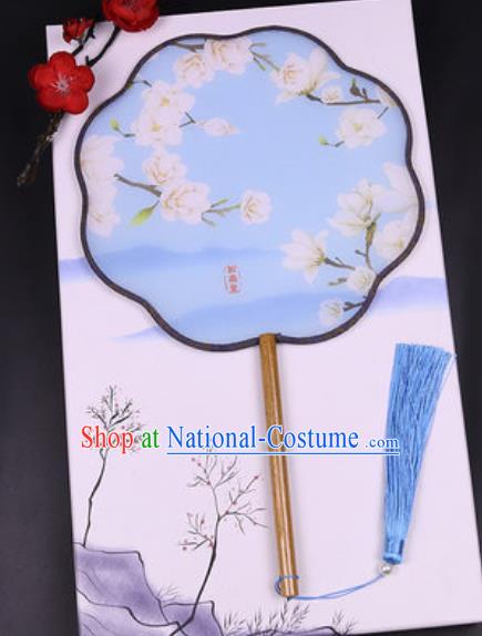 Handmade Chinese Printing Mangnolia Blue Silk Fans Traditional Classical Dance Palace Fan for Women